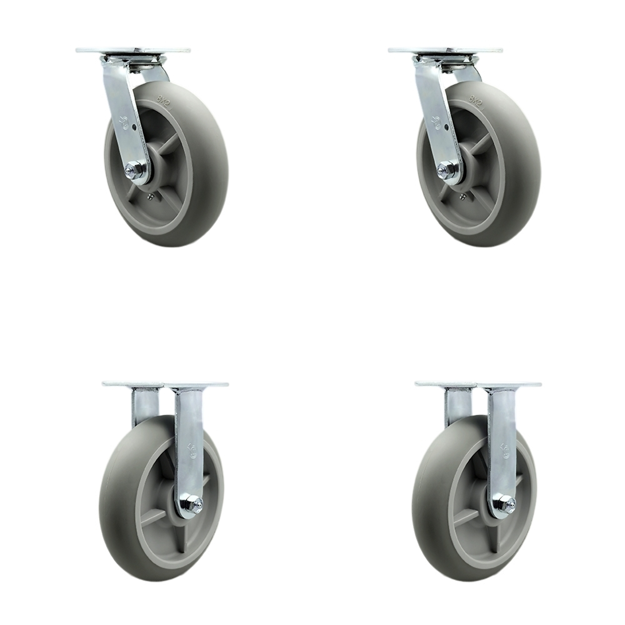 Service Caster, 8in. x 2in. Plate Casters, Wheel Diameter 8 in, Caster Type Swivel, Package (qty.) 4, Model# CAM-SCC-30CS820-TPRRD-2-R820-2